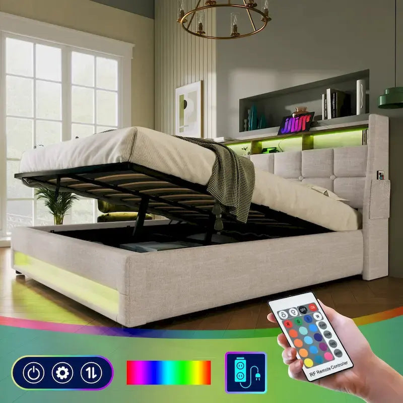 Letto imbottito Queen/Full con sistema di sollevamento idraulico, LED e ricarica USB