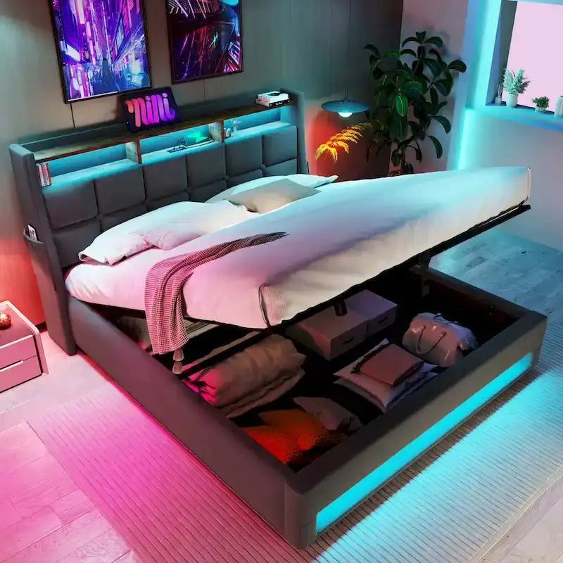 Letto imbottito Queen/Full con sistema di sollevamento idraulico, LED e ricarica USB