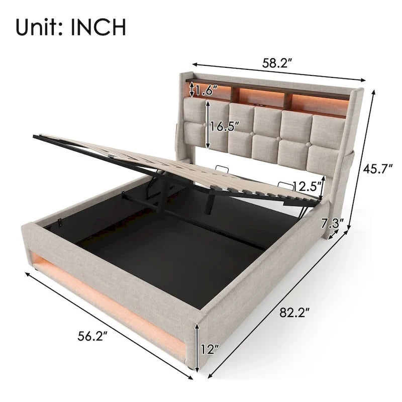 Letto imbottito Queen/Full con sistema di sollevamento idraulico, LED e ricarica USB