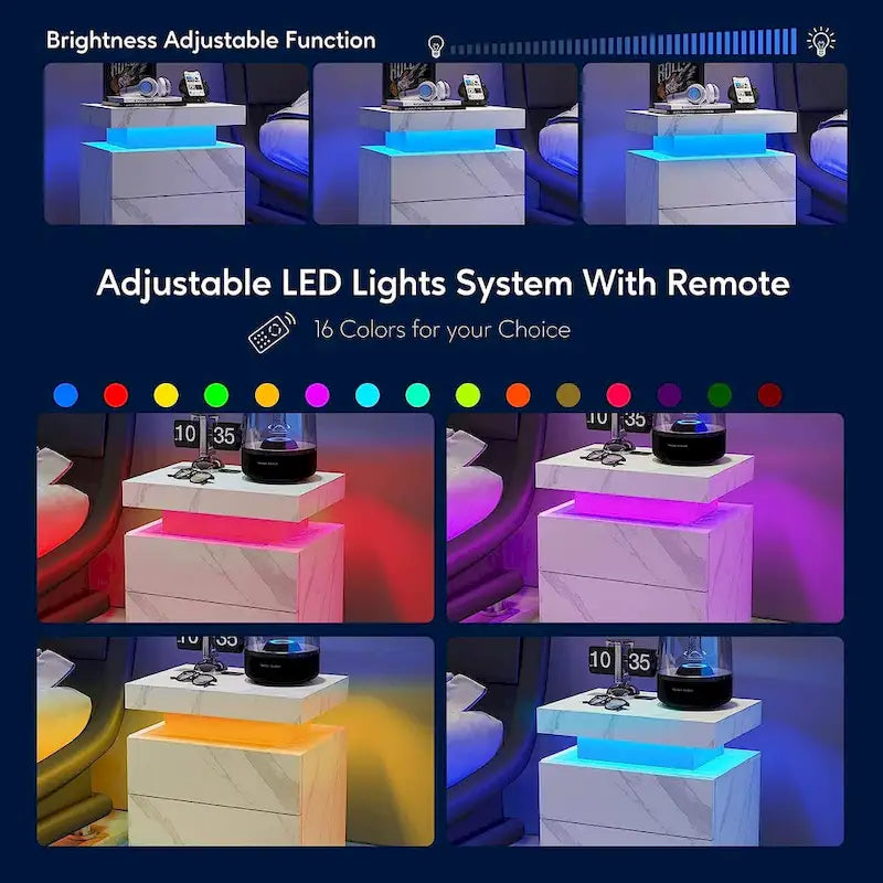 Comodino moderno in legno con luci a LED e 2 cassetti