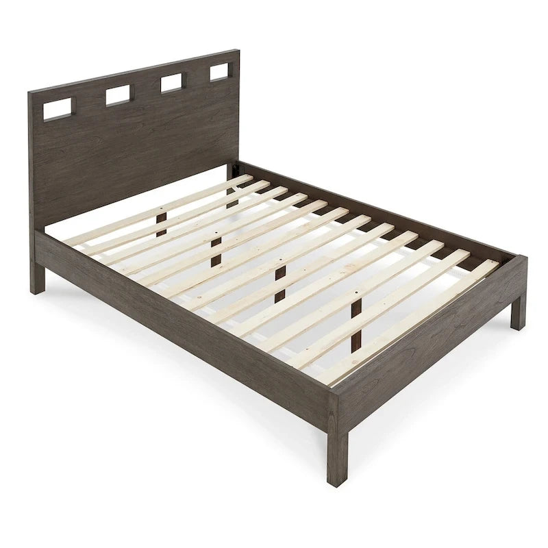 Letto matrimoniale Yee, legno grigio, 4 cassetti laterali, testiera intagliata