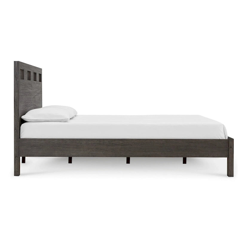 Letto matrimoniale Yee, legno grigio, 4 cassetti laterali, testiera intagliata
