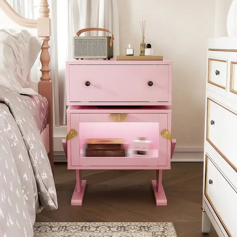 Comodino con cassetto girevole e striscia LED