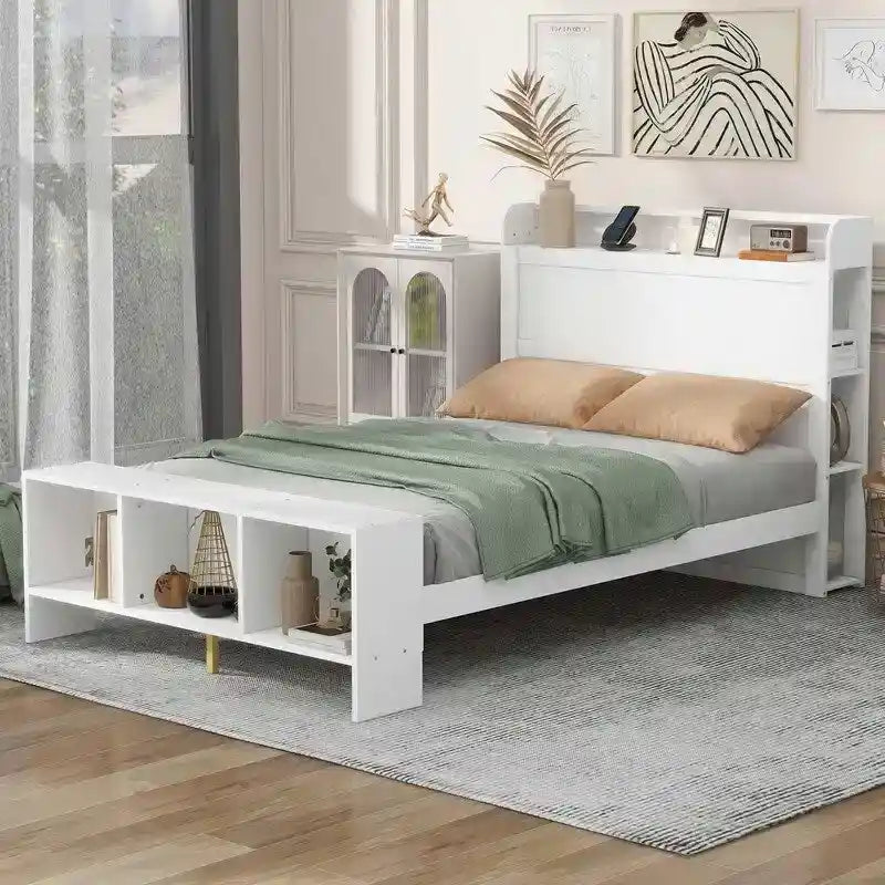 Letto a piattaforma con scaffali integrati, luci LED e porte USB, misura matrimoniale/singola