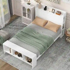Letto a piattaforma con scaffali integrati, luci LED e porte USB, misura matrimoniale/singola
