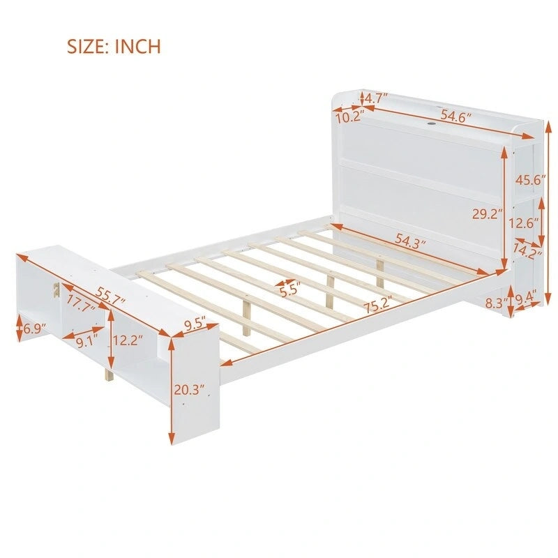 Letto a piattaforma con scaffali integrati, luci LED e porte USB, misura matrimoniale/singola