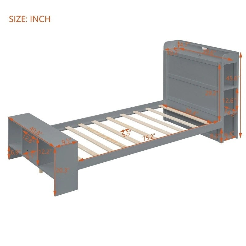 Letto a piattaforma con scaffali integrati, luci LED e porte USB, misura matrimoniale/singola