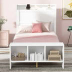 Letto a piattaforma con scaffali integrati, luci LED e porte USB, misura matrimoniale/singola