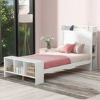Letto a piattaforma con scaffali integrati, luci LED e porte USB, misura matrimoniale/singola