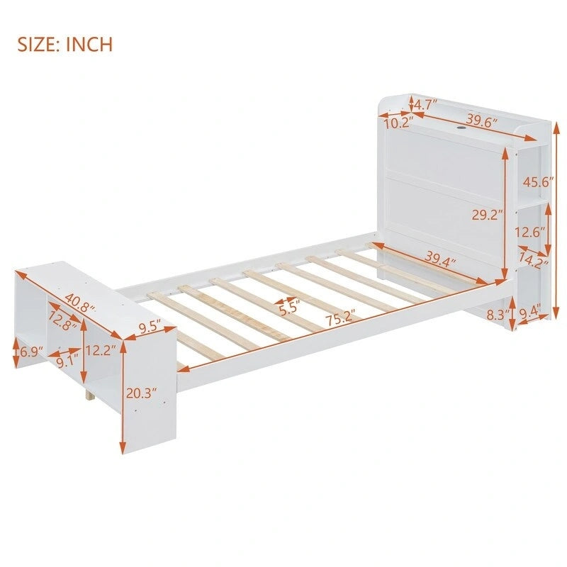 Letto a piattaforma con scaffali integrati, luci LED e porte USB, misura matrimoniale/singola