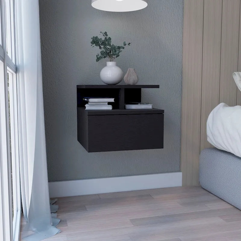 Comodino Sospeso 12H, da Parete con Cassetto Singolo e Ripiano a 2 Livelli, per Camera da Letto, Armadio, Ingresso, Dormitorio Universitario