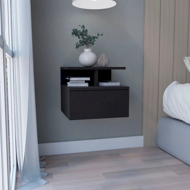 Comodino Sospeso 12H, da Parete con Cassetto Singolo e Ripiano a 2 Livelli, per Camera da Letto, Armadio, Ingresso, Dormitorio Universitario