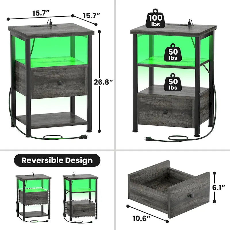 Set di 2 Comodini con Stazione di Ricarica e Luce LED, Tavolino da Salotto con Cassetti