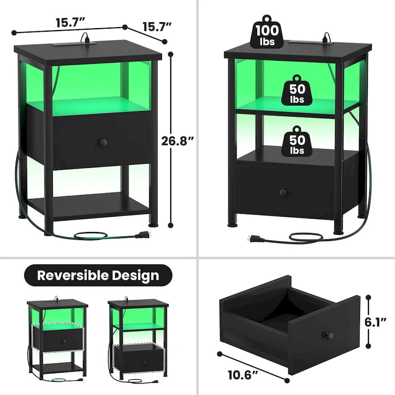 Set di 2 Comodini con Stazione di Ricarica e Luce LED, Tavolino da Salotto con Cassetti