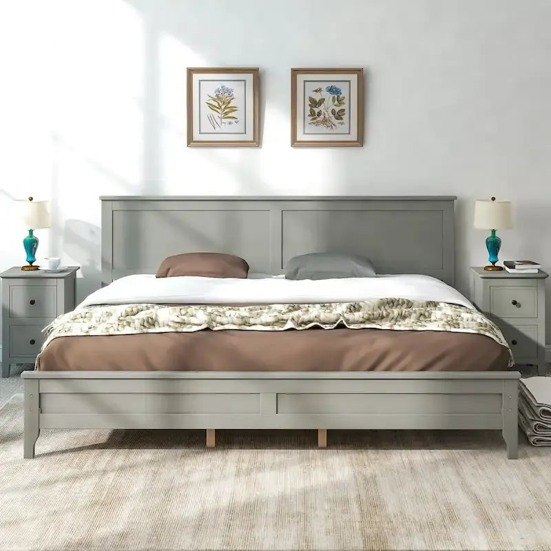 Letto King in Pino Grigio Moderno con Piattaforma - Design a Doghe Semplice, Elegante, Alta Capacità di Carico