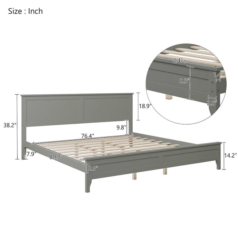 Letto King in Pino Grigio Moderno con Piattaforma - Design a Doghe Semplice, Elegante, Alta Capacità di Carico