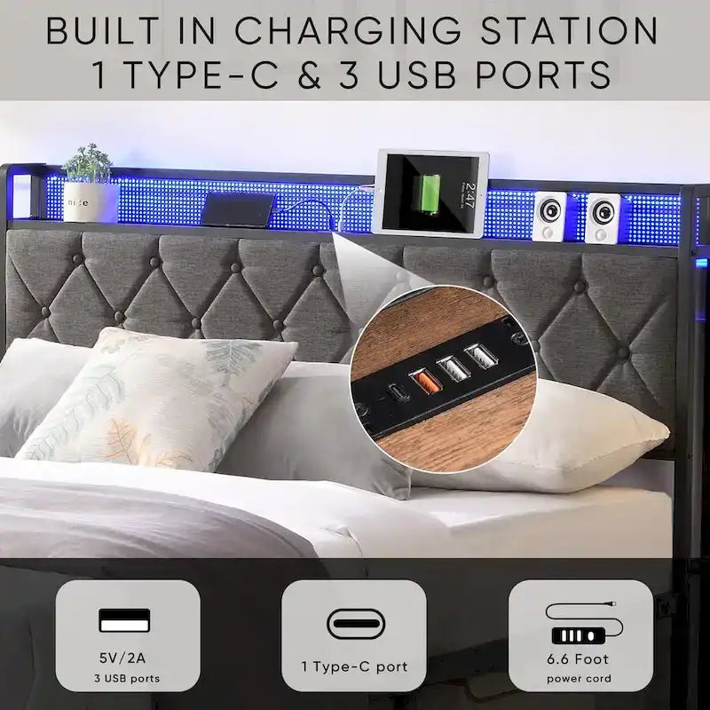 Struttura letto a piattaforma con testiera contenitore, stazione di ricarica e luci LED