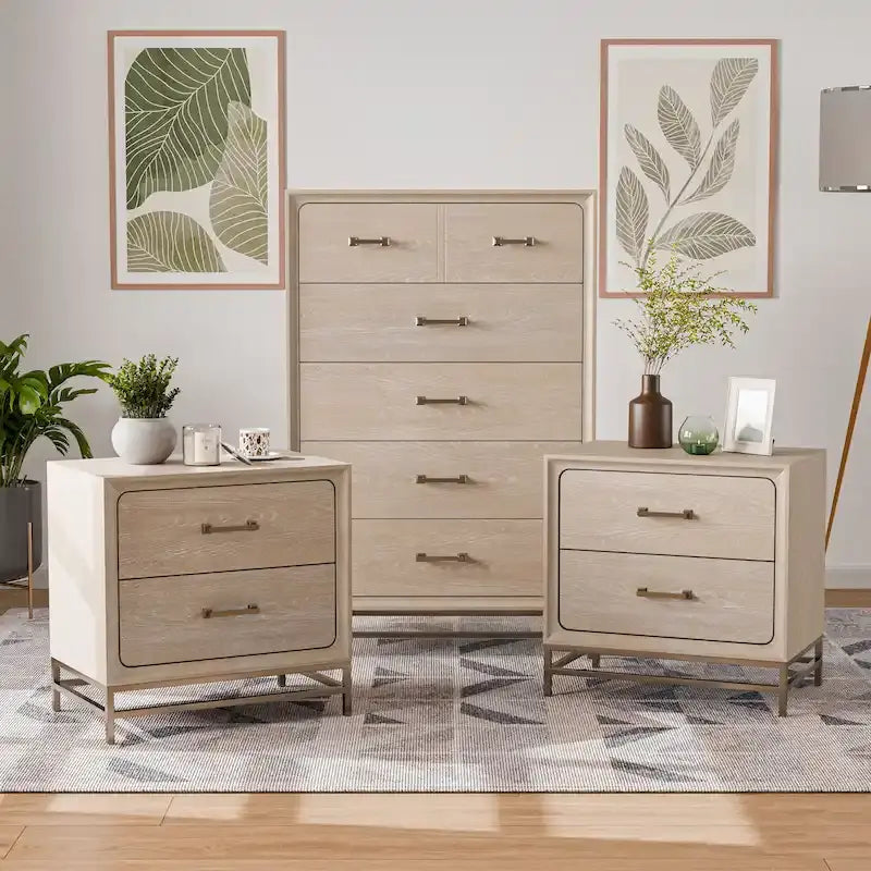 Set camera da letto di transizione 3 pezzi, con comò e 2 comodini, Furniture of America Drayden in legno massiccio di rovere