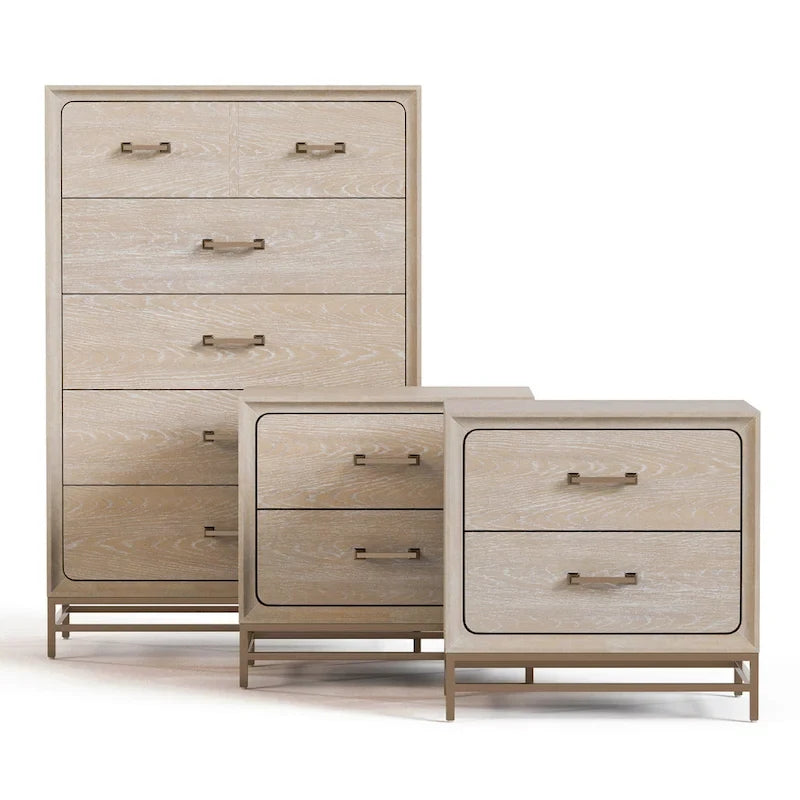 Set camera da letto di transizione 3 pezzi, con comò e 2 comodini, Furniture of America Drayden in legno massiccio di rovere