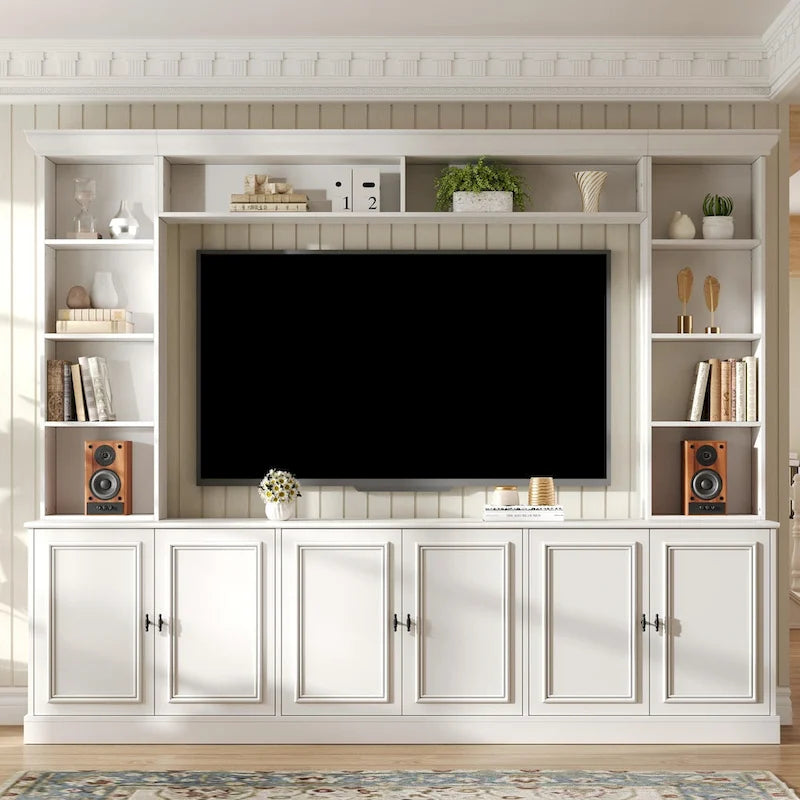 Set da parete per centro di intrattenimento a 4 pezzi con ponte per TV fino a 70 pollici, mobile TV con ripiani regolabili, console multimediale grande