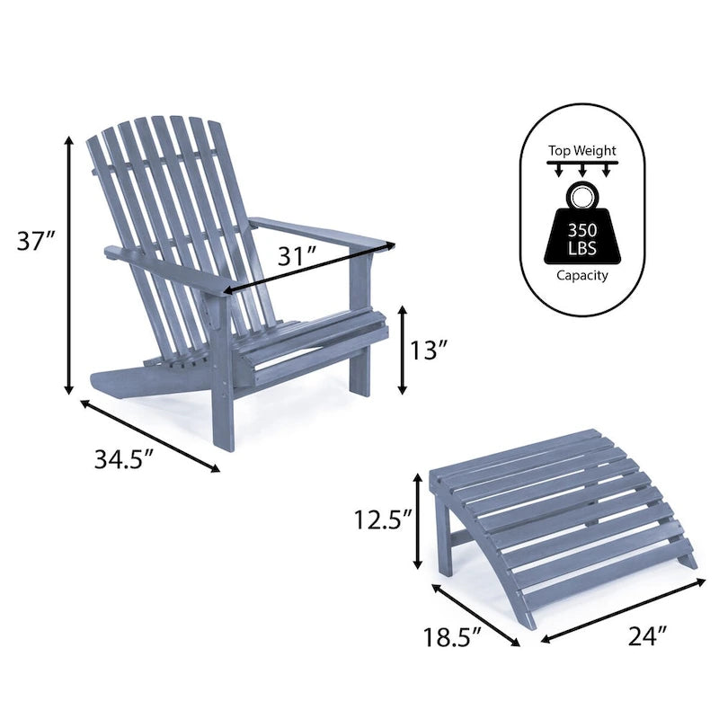 Sedia Adirondack Shoreham tradizionale rustica a 2 pezzi in legno di acacia con poggiapiedi staccabile, di JONATHAN Y