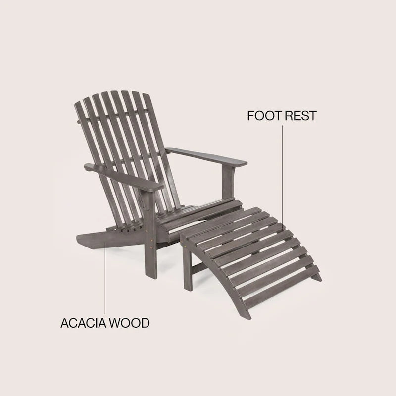 Sedia Adirondack Shoreham tradizionale rustica a 2 pezzi in legno di acacia con poggiapiedi staccabile, di JONATHAN Y