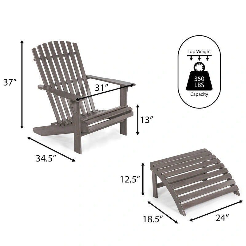 Sedia Adirondack Shoreham tradizionale rustica a 2 pezzi in legno di acacia con poggiapiedi staccabile, di JONATHAN Y