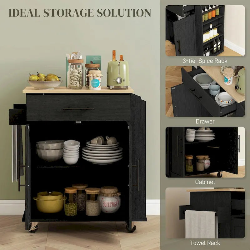 HOMCOM Isola Cucina con Contenitore, Carrello da Cucina su Ruote con Prese CA e Porte USB