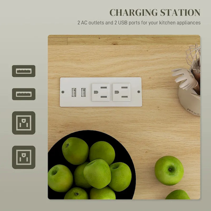 HOMCOM Isola Cucina con Contenitore, Carrello da Cucina su Ruote con Prese CA e Porte USB
