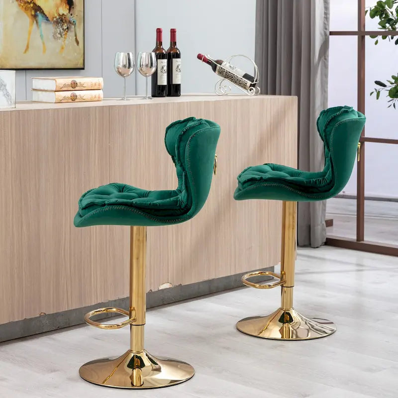 Sgabelli da Bar Girevoli e Regolabili in Altezza in Velluto Set da 2, con Poggiapiedi e Base Dorati