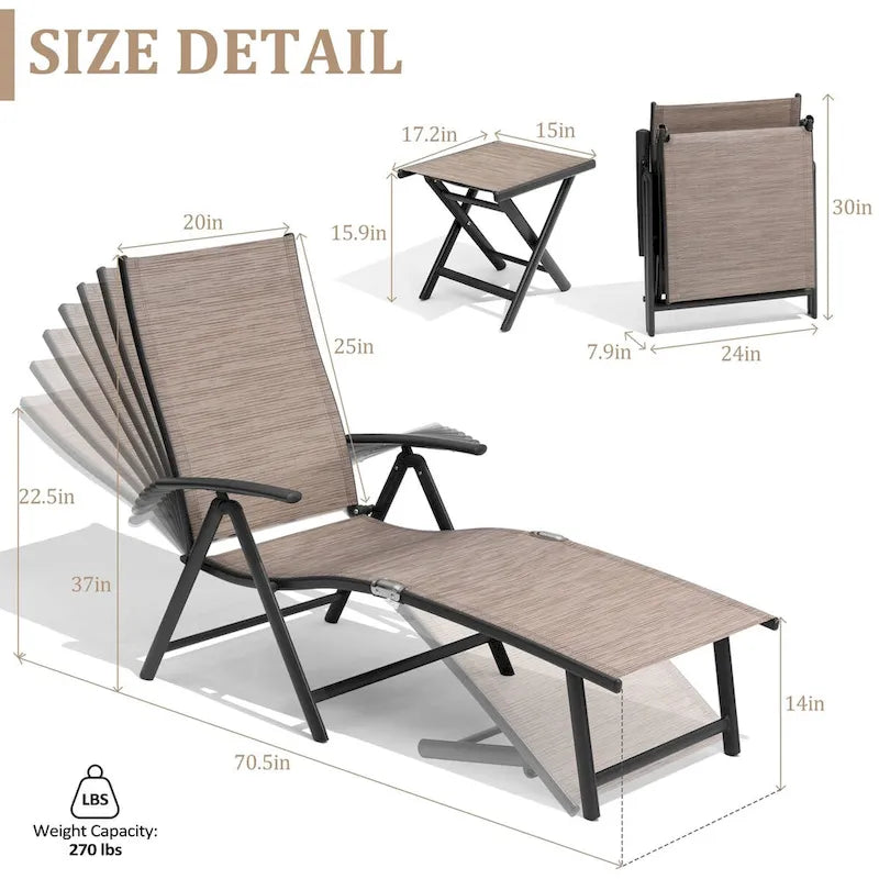 VredHom Lettino Pieghevole Portatile da Esterno con Tavolino (Set da 3) - 70 L x 20 P x 14 A