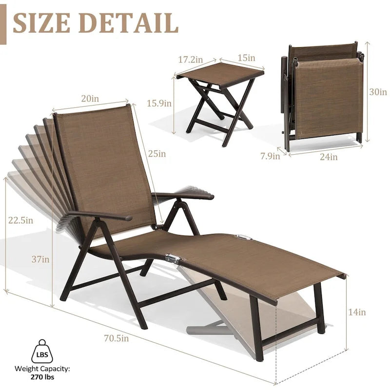 VredHom Lettino Pieghevole Portatile da Esterno con Tavolino (Set da 3) - 70 L x 20 P x 14 A