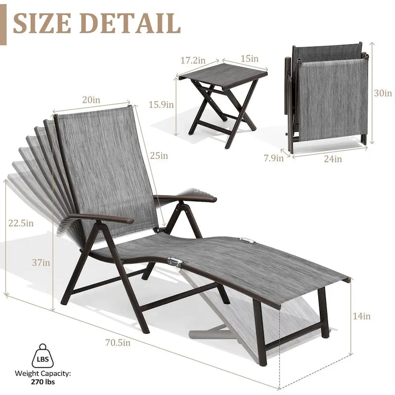 VredHom Lettino Pieghevole Portatile da Esterno con Tavolino (Set da 3) - 70 L x 20 P x 14 A