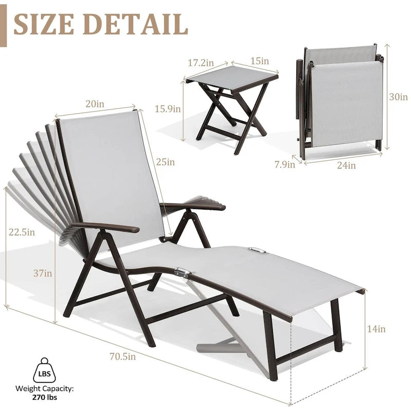 VredHom Lettino Pieghevole Portatile da Esterno con Tavolino (Set da 3) - 70 L x 20 P x 14 A