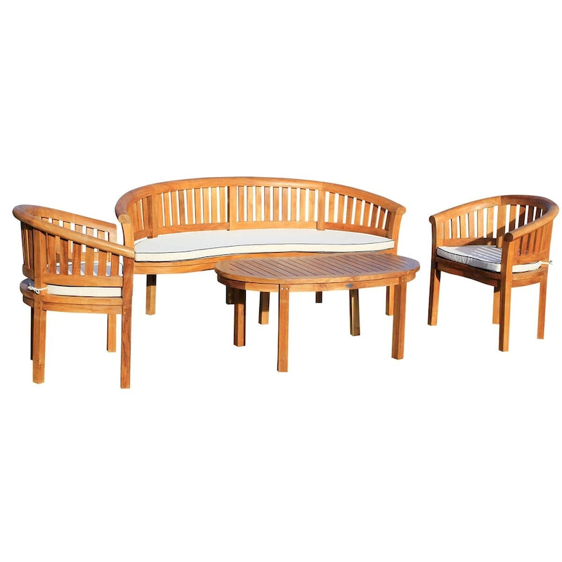 Chic Teak Peanut Set da salotto da esterno 4 pezzi in legno di teak, Divano a tre posti, 2 sedie e tavolino da caffè