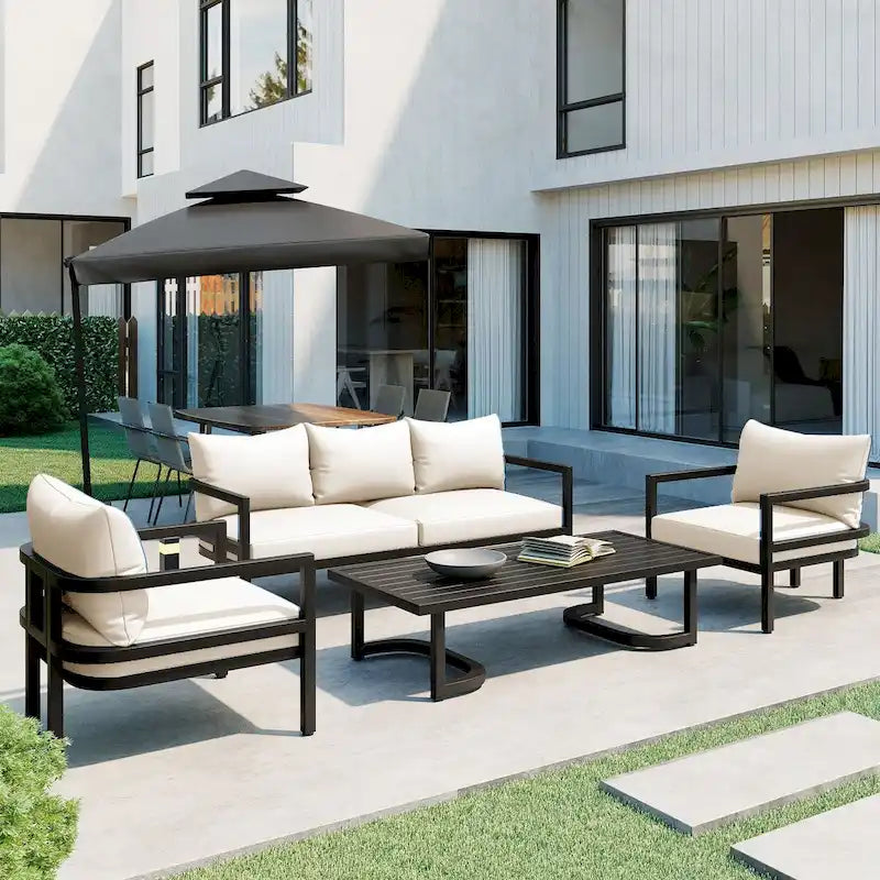 Set divano da esterno in acciaio multi-persona, impermeabile, antiruggine e anti-UV, adatto per giardini e prati