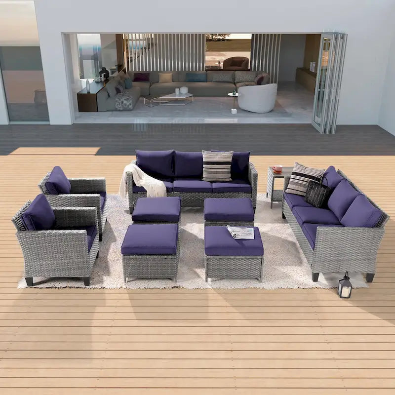 BONOSUKI 9Pcs Patio Sofa Conversation Set Grey Rattan With Side Table