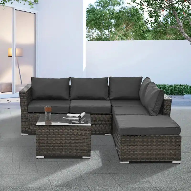Mobili da giardino, Mobili per esterni, Mobili in vimini PE stagionali, Set da 4 mobili in vimini con tavolino da caffè in vetro temperato