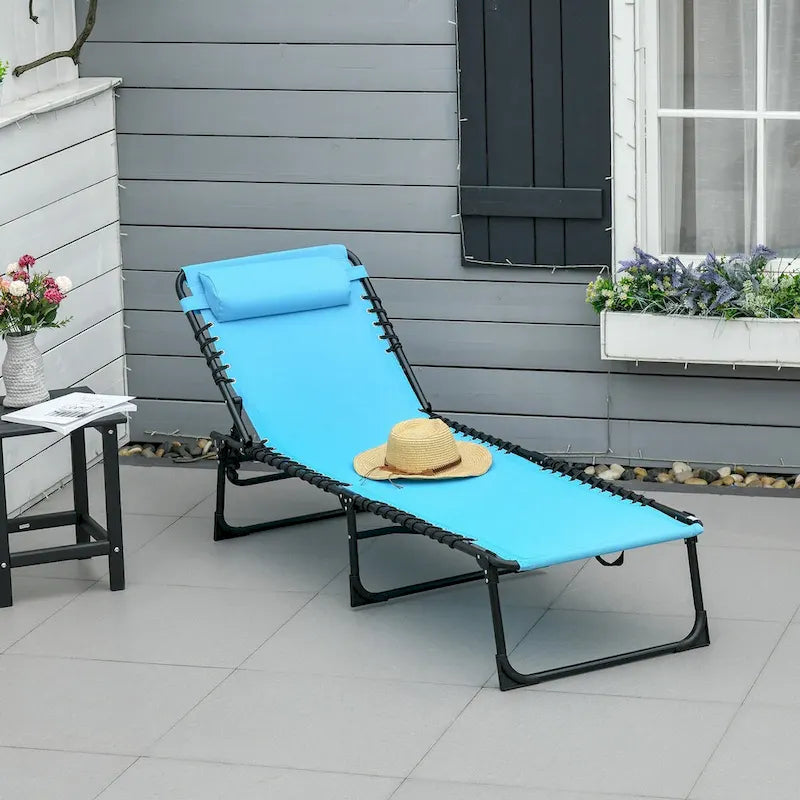 Patio Folding Chaise Lounge, Outdoor Sun Tanning Chair with 4-Position Reclining Back, Pillow, Breathable Mesh and Bungee Seat