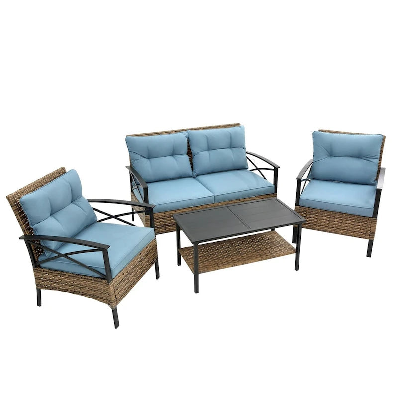 Set divano sezionale a 4 pezzi da esterno in vimini e rattan con cuscino per giardino e patio