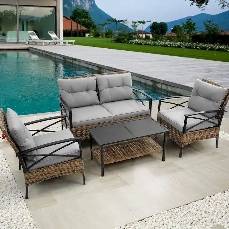 Set divano sezionale a 4 pezzi da esterno in vimini e rattan con cuscino per giardino e patio