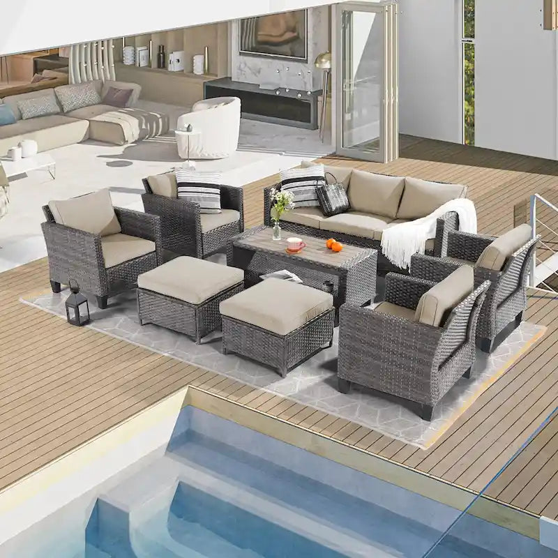 BONOSUKI Ensemble de canapés de patio 8 pièces en rotin gris avec poufs