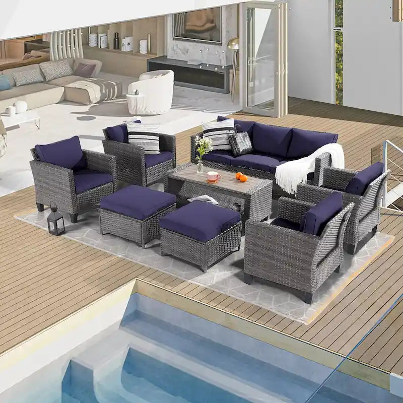 BONOSUKI Ensemble de canapés de patio 8 pièces en rotin gris avec poufs