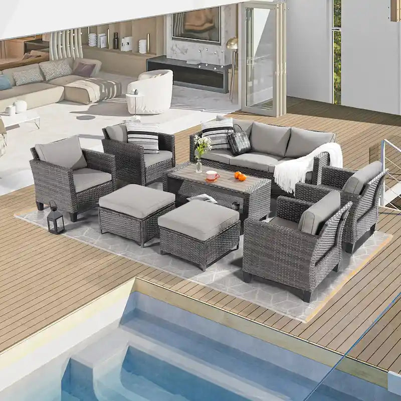 BONOSUKI Set di Divani da Giardino 8 Pezzi in Rattan Grigio con Poggiapiedi