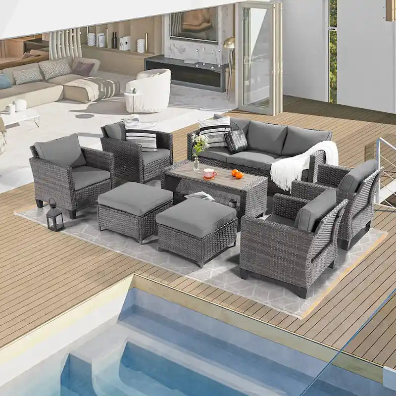 BONOSUKI Set di Divani da Giardino 8 Pezzi in Rattan Grigio con Poggiapiedi