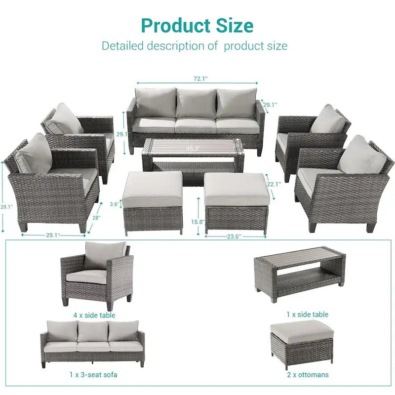 BONOSUKI Set di Divani da Giardino 8 Pezzi in Rattan Grigio con Poggiapiedi