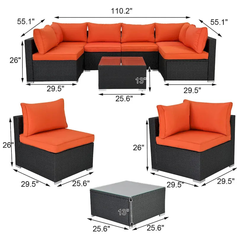 Set sezionale da esterno in vimini nero a 7 pezzi con cuscini arancioni e tavolino da caffè