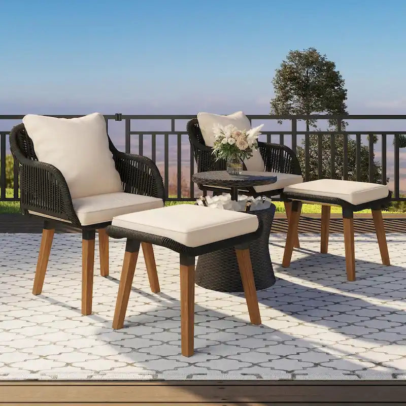 Ensemble de conversation de 5 meubles de patio avec table de bar et repose-pieds en osier