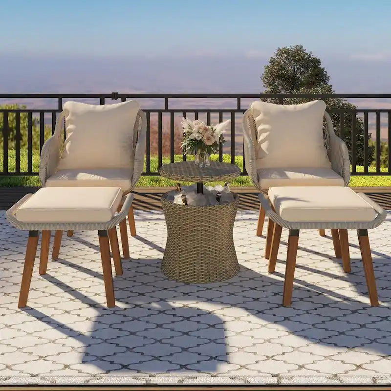 Set salotto da giardino 5 pezzi con tavolo bar in vimini e poggiapiedi