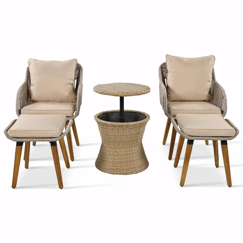 Set salotto da giardino 5 pezzi con tavolo bar in vimini e poggiapiedi